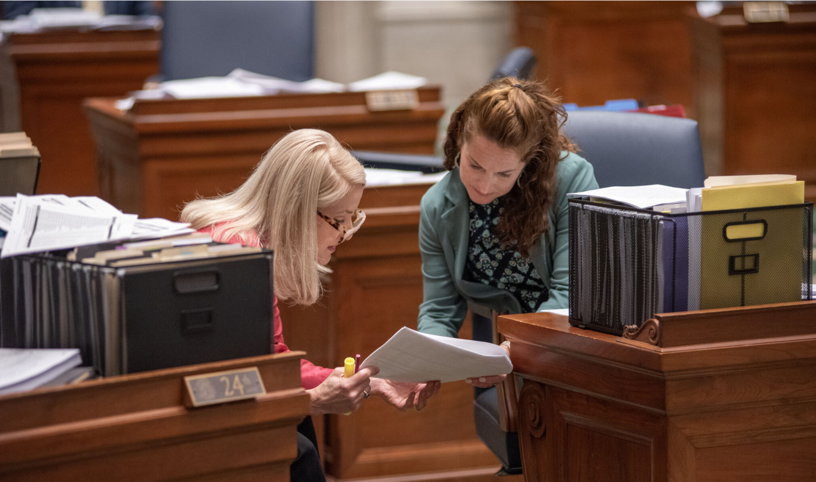As the Missouri Senate prepares to debate budget bills, Democratic state Sens. Tracy McCreery of Olivette and Maggie Nurrenbern of Kansas City take a final look Wednesday at proposed appropriations (Annelise Hanshaw/Missouri Independent).
