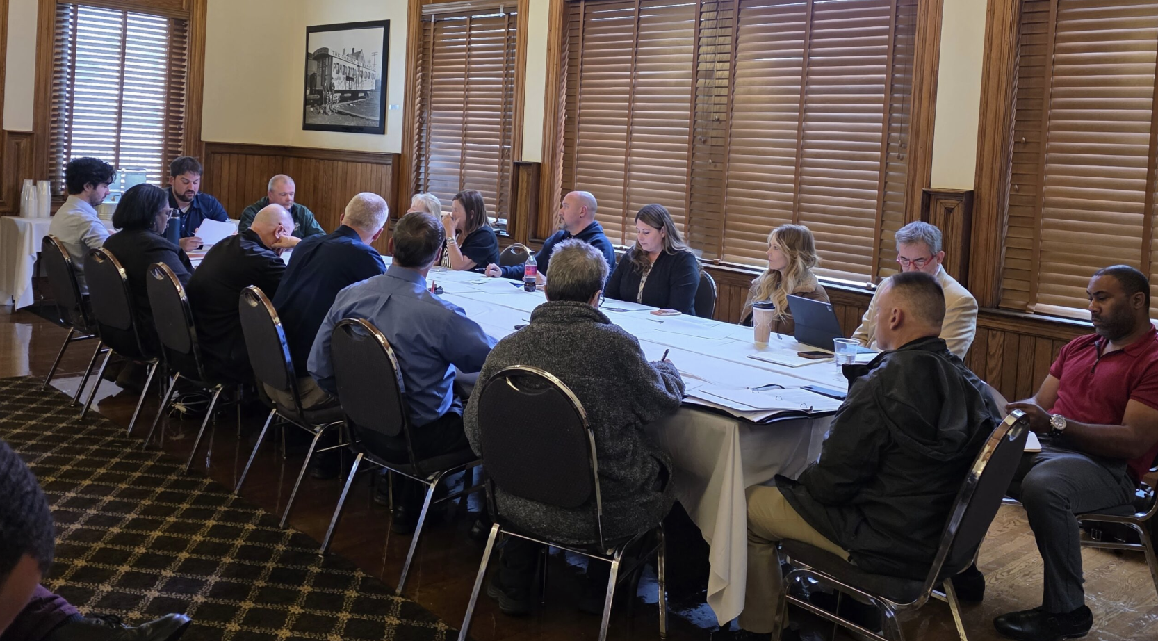 Leavenworth’s CoreCivic Community Relations Advisory Board met for the first time May 4, gathering at the Riverfront Community Center to begin oversight of CoreCivic’s prison facility. (Photo by Morgan Chilson/Kansas Reflector)