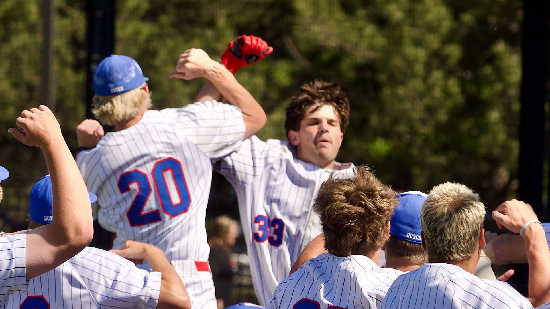 Anthony Mazza (33) celebrates after his three-run home run in the fifth inning of Thursday's Game1 Plains District Tournament opening-round 15-5 win over Allen on Thursday at Hobart-Detter Field. (Sydney Holzrichter)