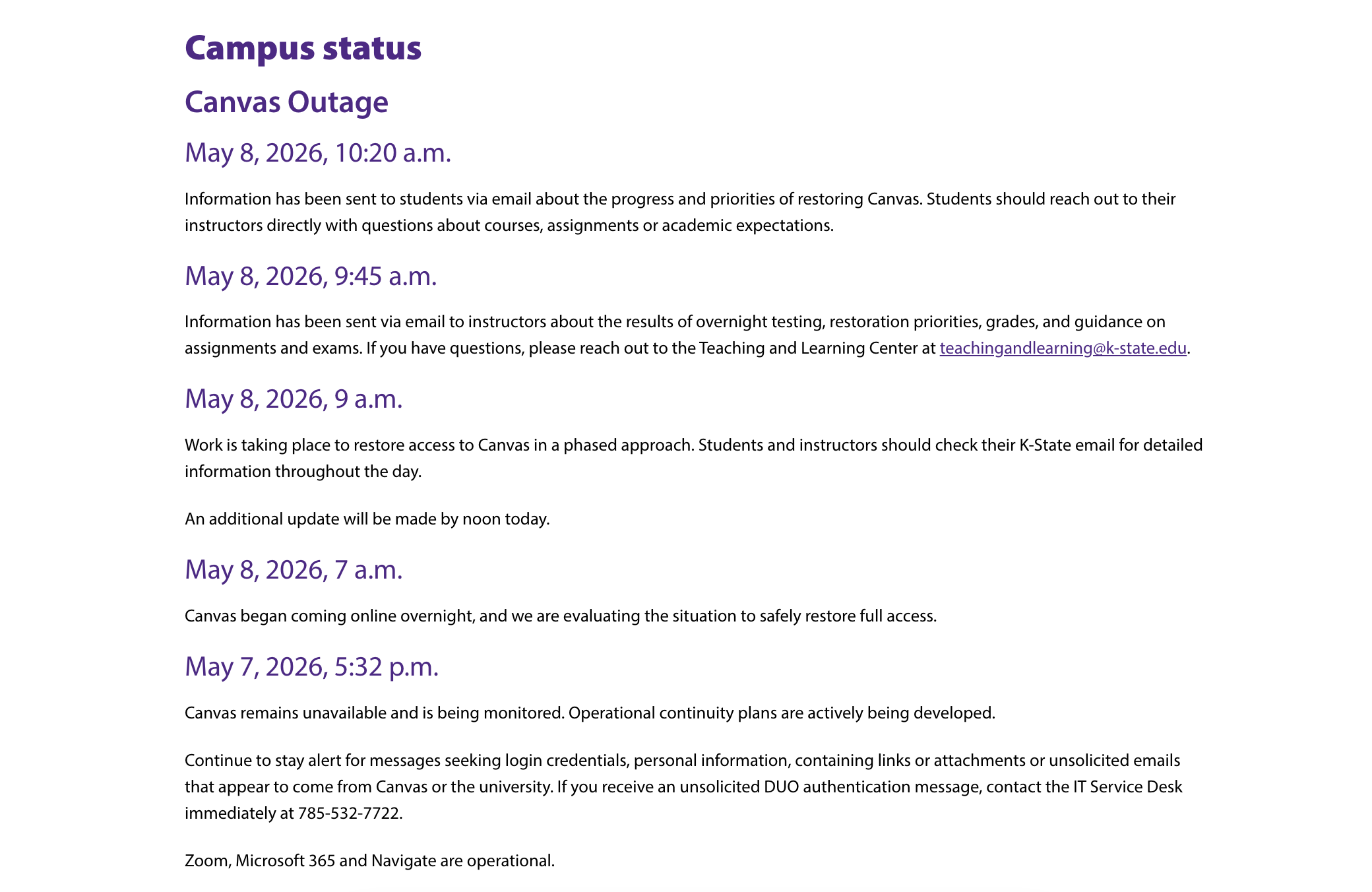 Canvas status alerts for students at K-State