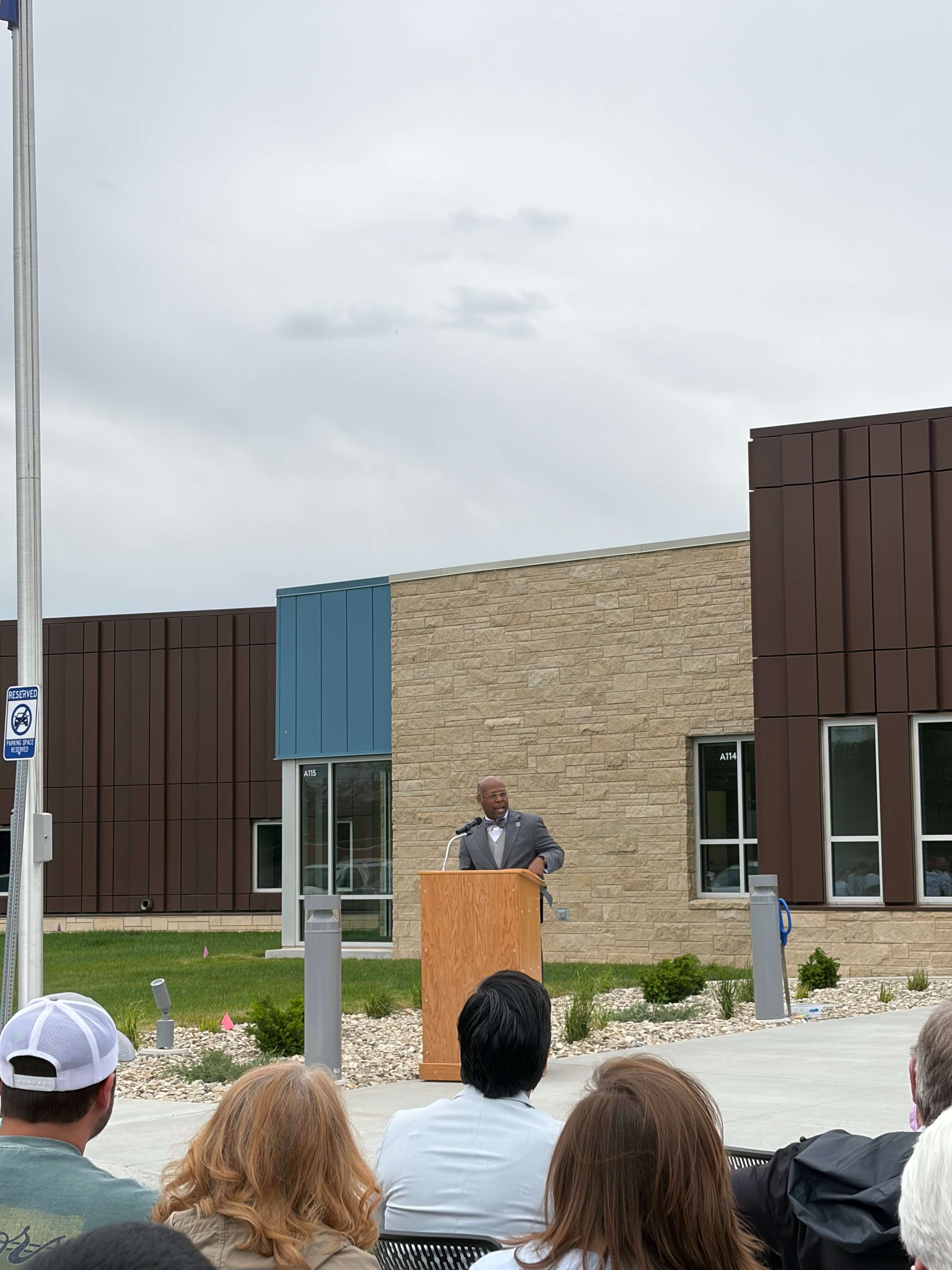 Superintendent of Schools Dr. Reginald Eggleston addresses the crowd at the ribbon-cutting ceremony on Friday morning.
