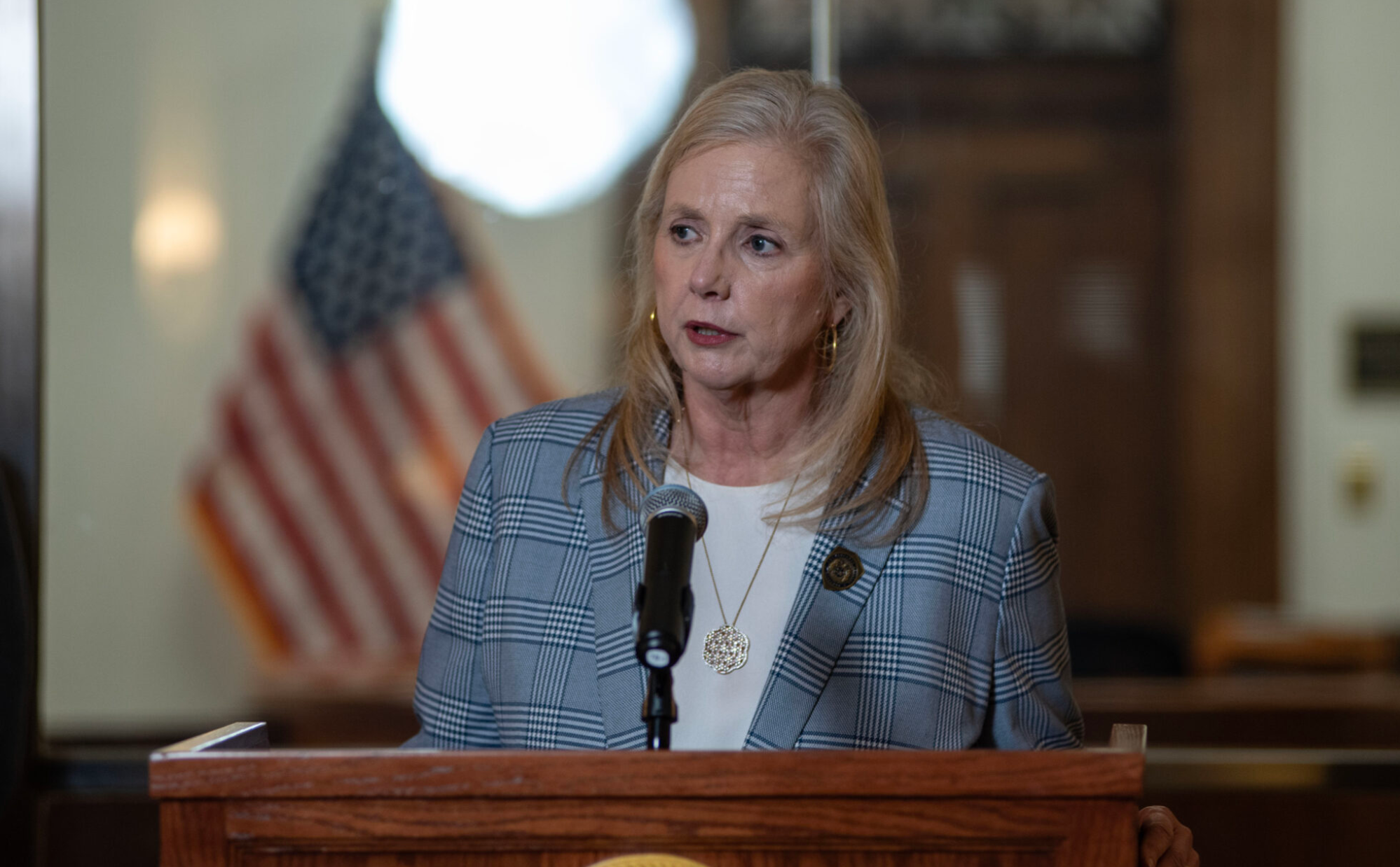 Missouri Attorney General Catherine Hanaway announces the state’s lawsuit against American Shaman in a press conference outside her office March 31, 2026 (Annelise Hanshaw/Missouri Independent).