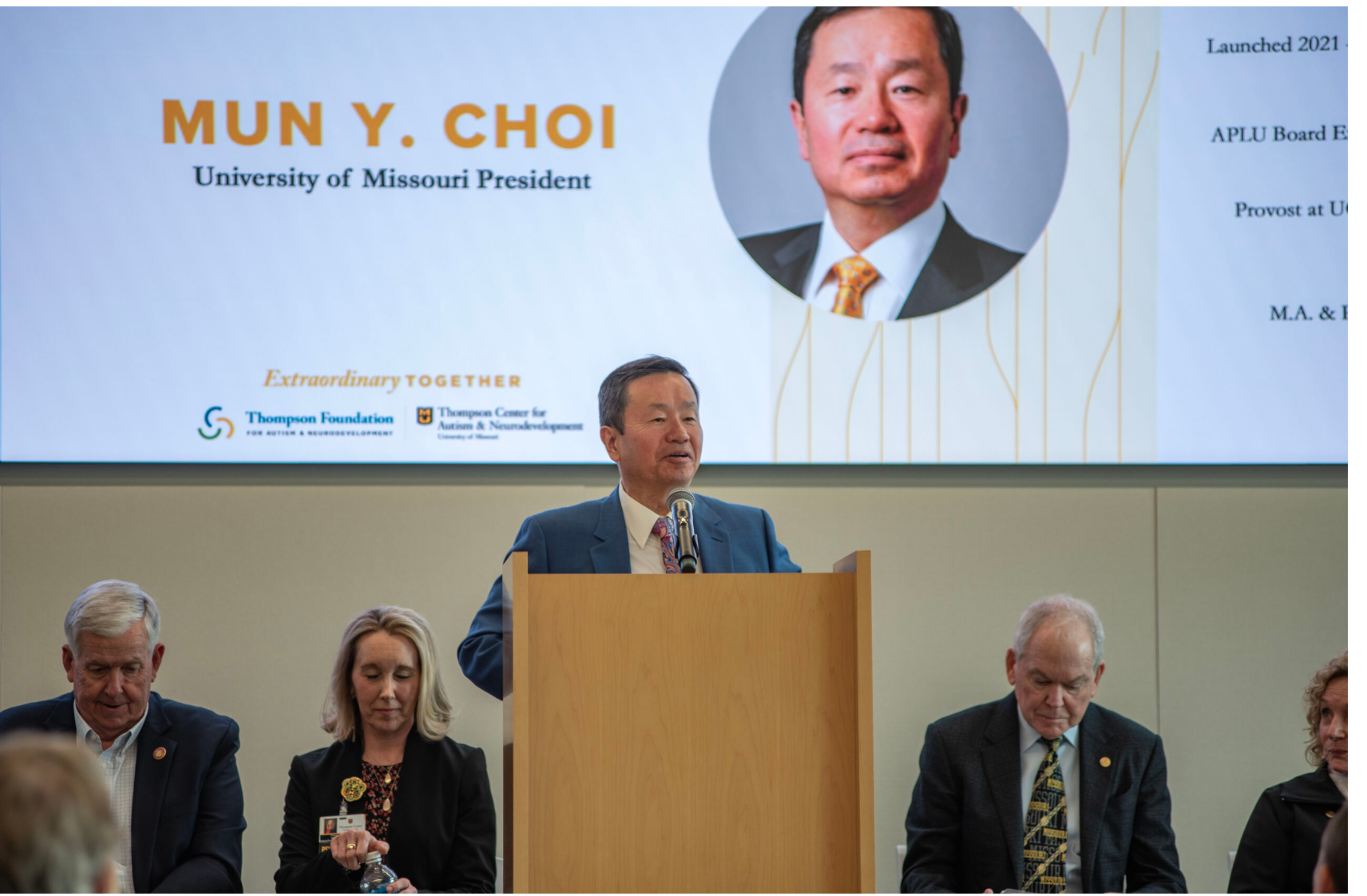 University of Missouri President Mun Choi speaks at a grand opening of the Thompson Center for Autism and Neurodevelopment’s new building in Columbia on Friday. The center is a partner with University of Missouri Health Care (Annelise Hanshaw/Missouri Independent).ng