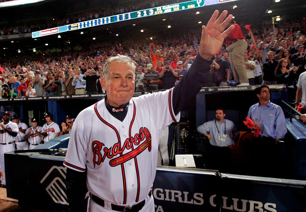 FILE - Atlanta Braves manager Bobby Cox waves to fans after a loss to the San Francisco Giants in Game 4 of baseball's National League Division Series in Atlanta, Oct. 11, 2010. (AP Photo/Dave Martin, File)