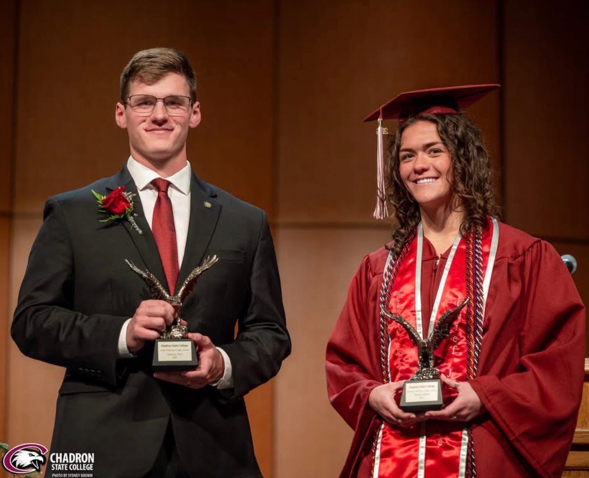 Platinum Eagle winners Dawson Ohrt of Henderson, Neb. and Tianna Martin of Kearney, Nebraska. The award, considered the highest honor a CSC student can receive, is presented annually to one male and one female for distinguished leadership and service. Runners-up were Mekenna Fisher of Hershey, Nebraska, and Ring. (Photo by Sydney Brown/Chadron State College)