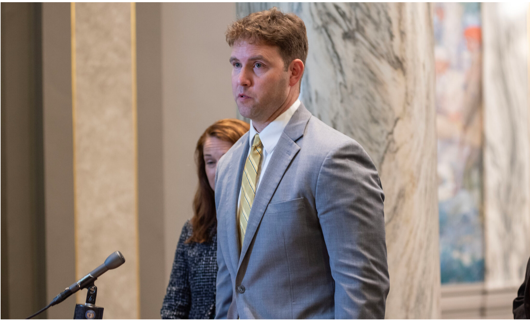 State Sen. Stephen Webber, a Columbia Democrat, speaks at a mid-session press conference after the Senate adjourned for spring break March 1 (Annelise Hanshaw/Missouri Independent).