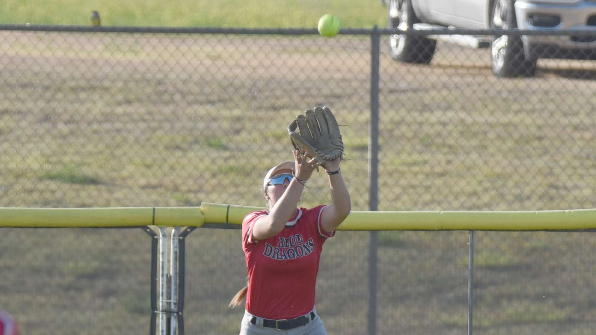 Kaibryn Kruger makes a catch in center field as the Blue Dragon softball team sees its season end on Sunday with a 3-2 loss to the Butler Grizzlies in the Region 6 Tournament loser's bracket final in Dodge City. (Steve Carpenter/Blue Dragon Sports Information).