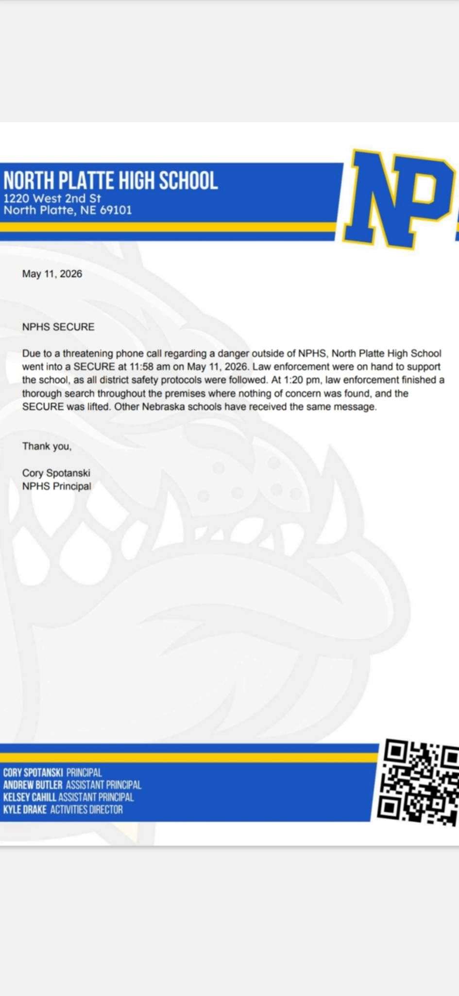 North Platte High School SECURE status lifted May 11, 2026.