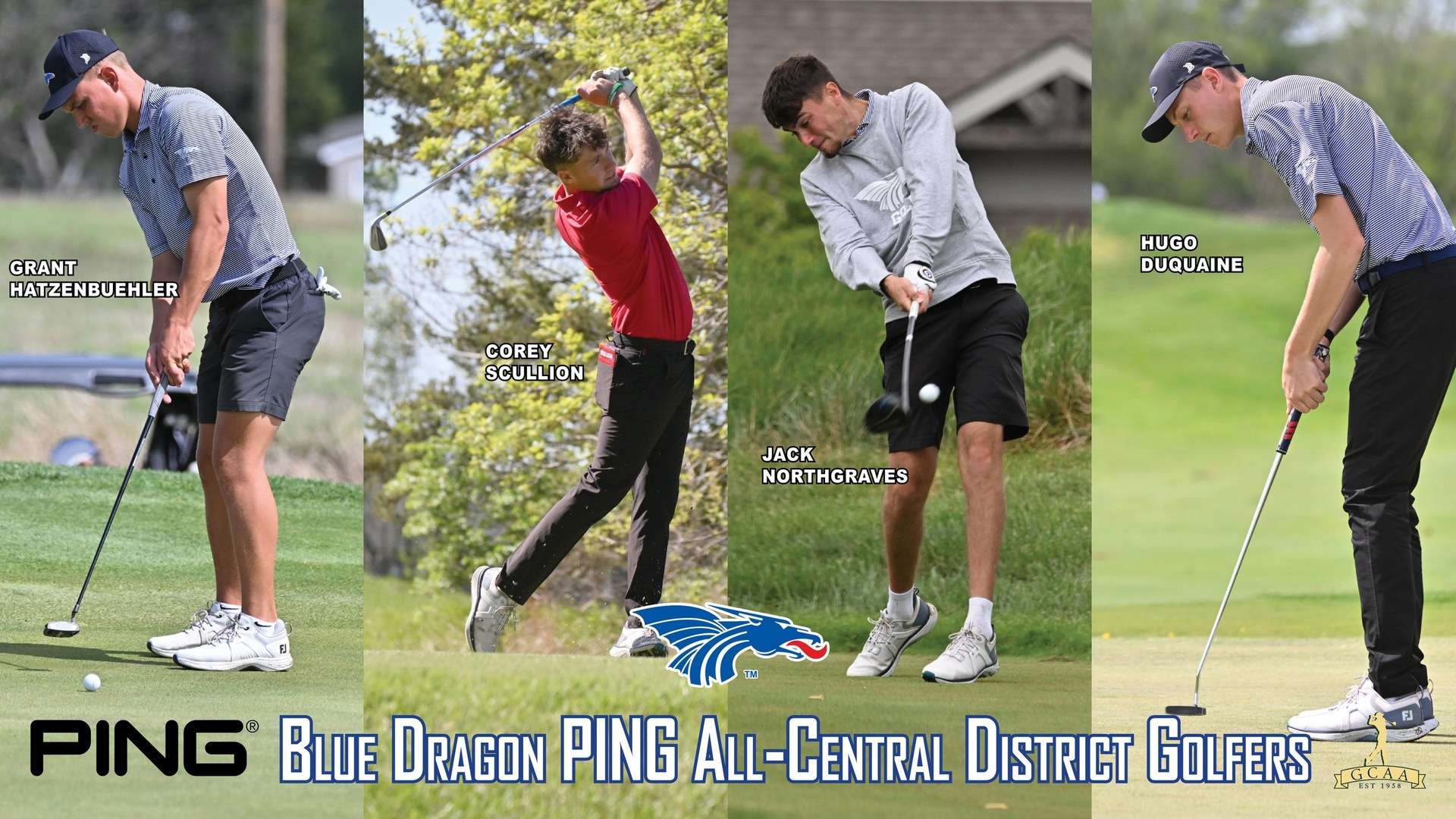 Blue Dragon golfers Grant Hatzenbuehler, Corey Scullion, Jack Northgraves and Hugo Duquaine were were named PING NJCAA All-Central District golfers on Monday.