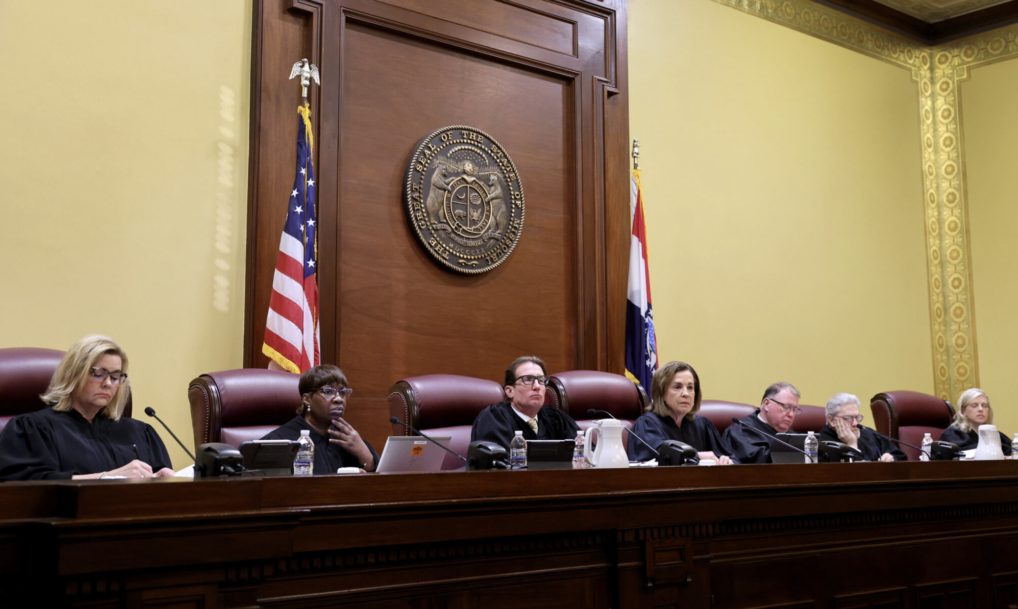  The Missouri Supreme Court on Tuesday will consider two cases that will determine whether a new congressional district map is constitutionally acceptable and whether a referendum petition puts the measure on hold until a statewide vote. The judges are shown in a September 2024 photo. (Pool photo by Robert Cohen/St. Louis Post-Dispatch).