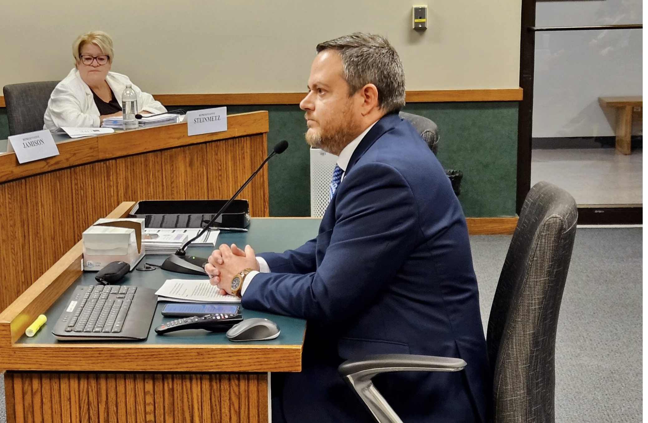 State Sen. Brad Hudson testifies Monday, May 11, 2026, to the Missouri House Children and Families Committee as it considers his bill to add new penalties for health care providers who don’t provide complete care when an abortion attempt results in a live birth. (Rudi Keller/Missouri Independent)
