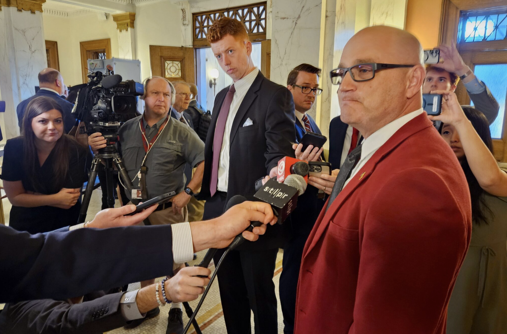 Missouri Secretary of State Denny Hoskins speaks to reporters Tuesday after the Missouri Supreme Court heard arguments on two cases involving the state’s gerrymandered redistricting map. (Rudi Keller/Missouri Independent)
