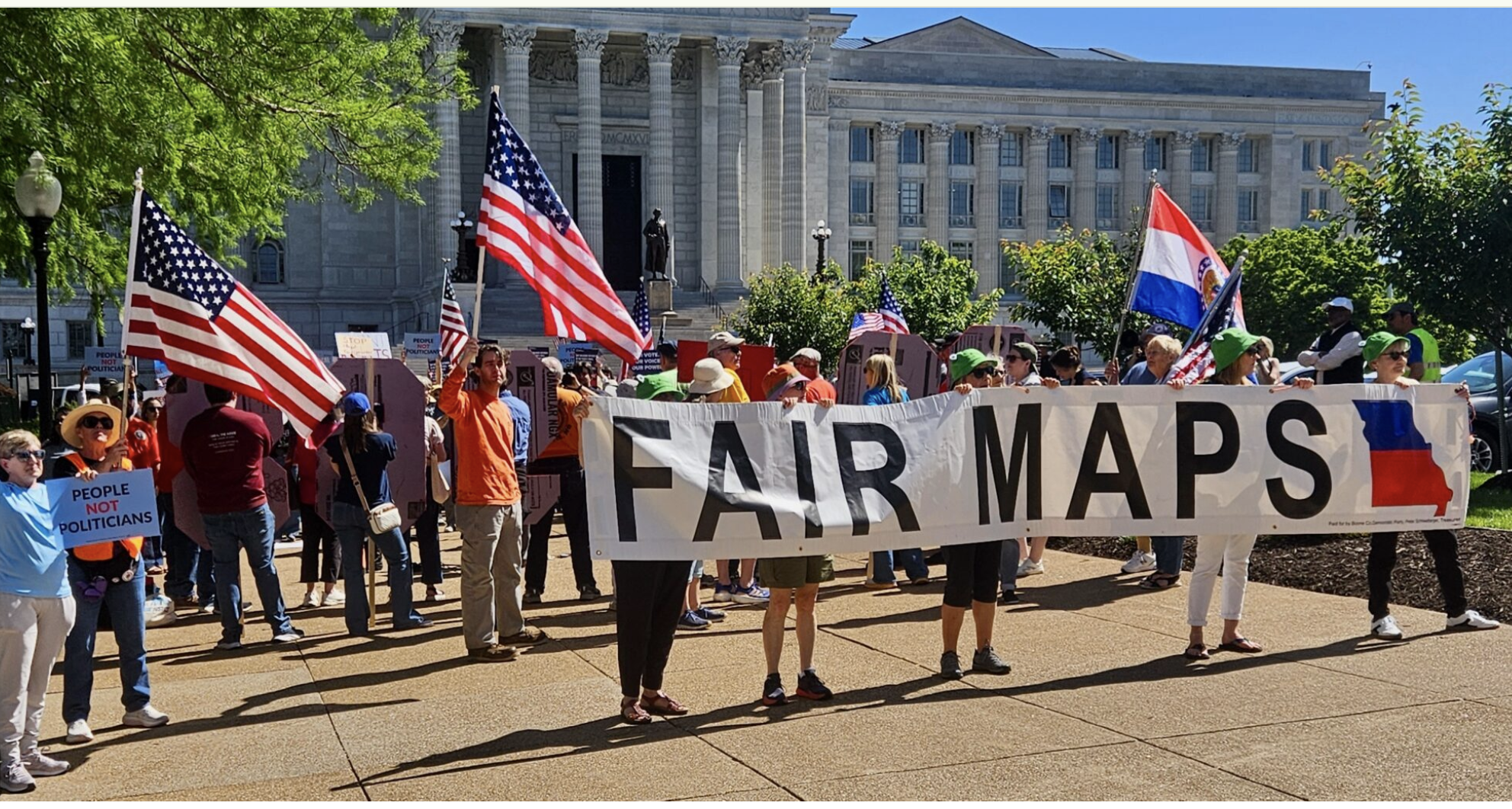  Supporters of a referendum on Missouri's gerrymandered redistricting map rally at the state Capitol Building Tuesday after the Missouri Supreme Court heard arguments on two cases involving the redistricting map (Rudi Keller/Missouri Independent).