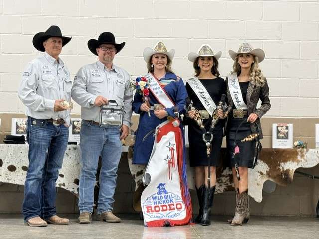Sarah Nemechek, in the middle, is crowned the 2026 Miss Wild Bill Hickok Rodeo Queen. It is the first time, since 1981, that the rodeo, which takes place in Abilene, has held a queen pageant - Photo by DeLynn Farson