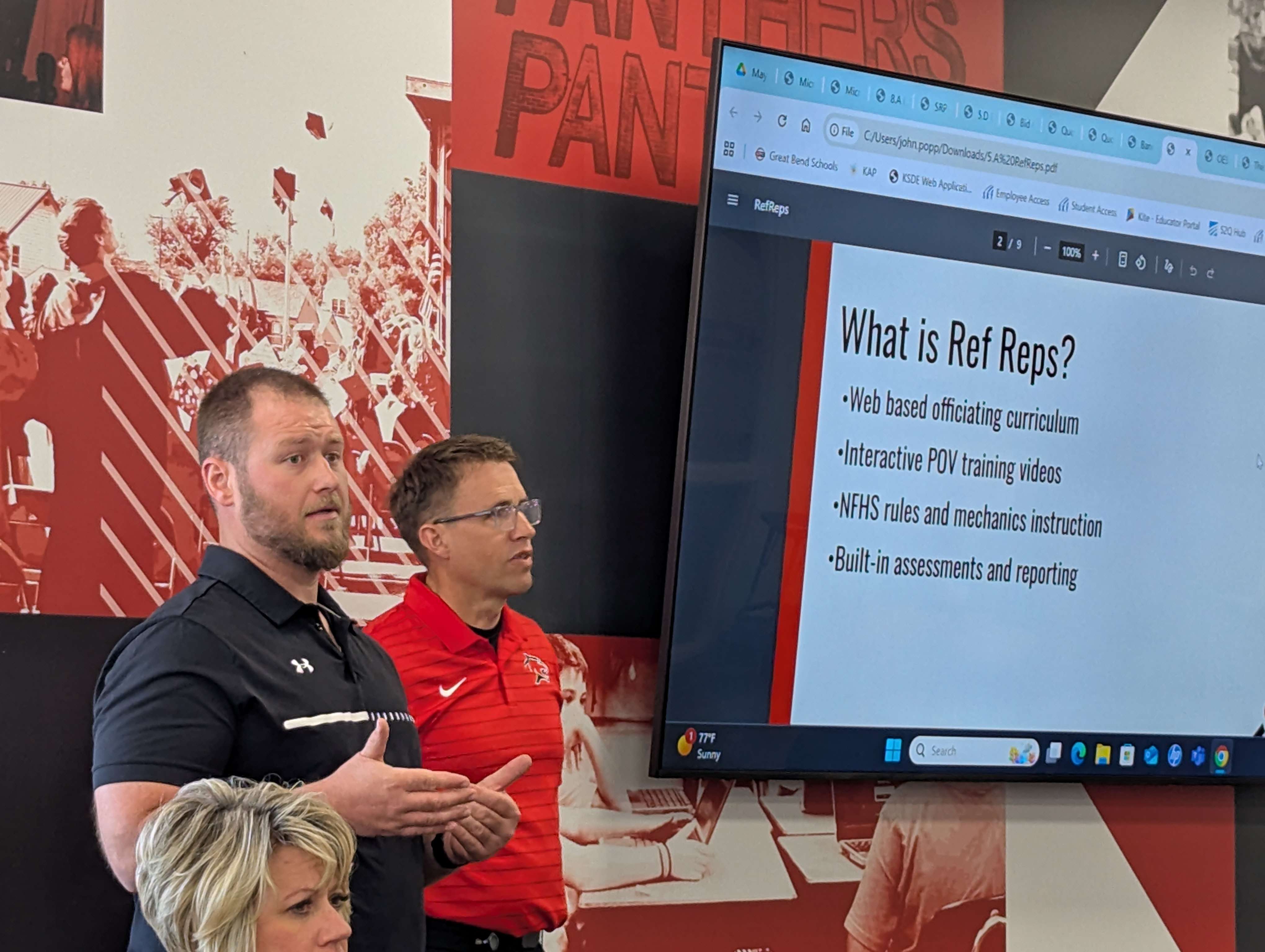 Braden Schultz, GBHS Teacher and Coach, was joined by Matt Westerhaus, Activities Director, to present details of the new introductory sports officiating course that will be offered as an one-semester elective course at GBHS this fall. Schultz will be the instructor for the course. (photo courtesy of USD 428)