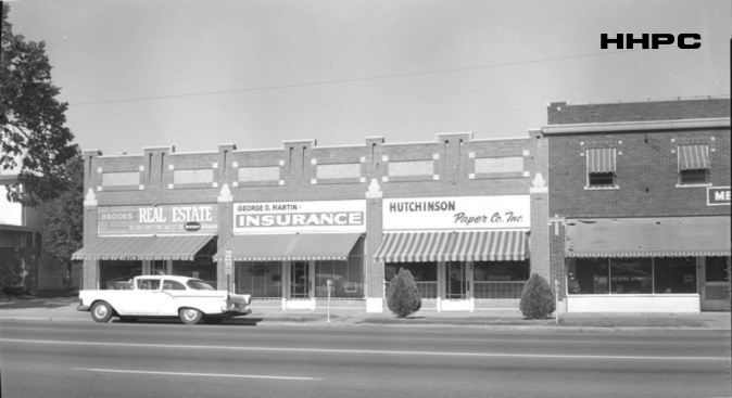 Salt City Brewery - 514 N. Main - Brooks Real Estate, George D. Martin Ins. &amp; Hutchinson Paper Co. - 514 N. Main - Mercer Hotel &amp; Hayes Record Shop - 510 N. Main - 1963. Courtesy of the Conard-Harmon Collection.