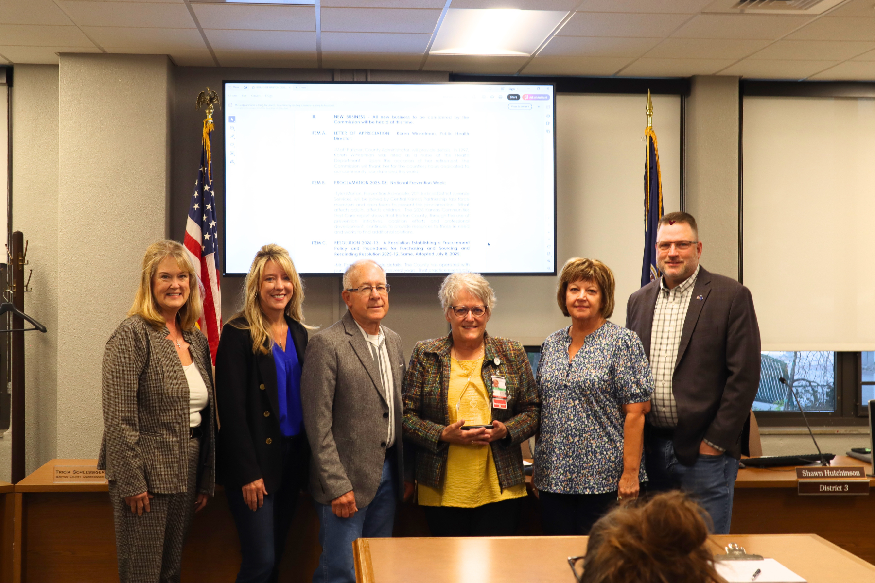 Karen Winkelman is recognized by the Barton County Commission for nearly three decades of dedicated service to public health in Barton County.