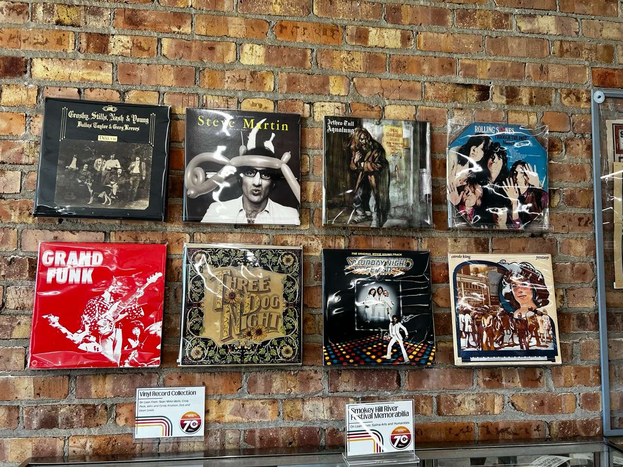 Vinyl Collection on loan from Sean Miller-Wells, Cindy Peck, John and Cyndy Knutson, Deb and Dean Lewis. <b>Grand Funk (red record, bottom left) will be performing at the Stiefel Theatre on June 26, 2026. The peak of their popularity was during the mid-70's </b>- Photo, Nicolas Fierro