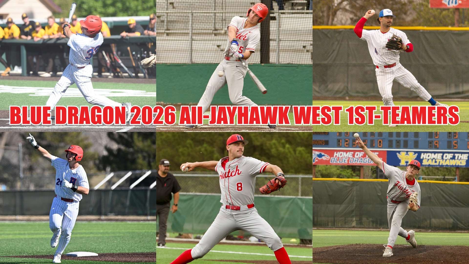 (Clockwise from upper left); Anthony Mazza, Cru Huenfeld, Eli Duncan, Brayden Henry, Karter Chamberlain and Jordan Kuhnau were named 2026 All-Jayhawk West first-team selections on Thursday.