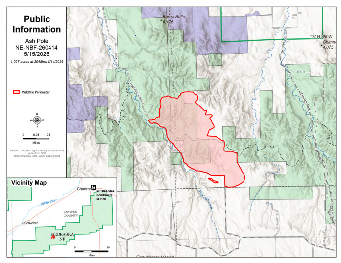 Information map of current burn area of Ash Pole Fire, (May 15, 2026).