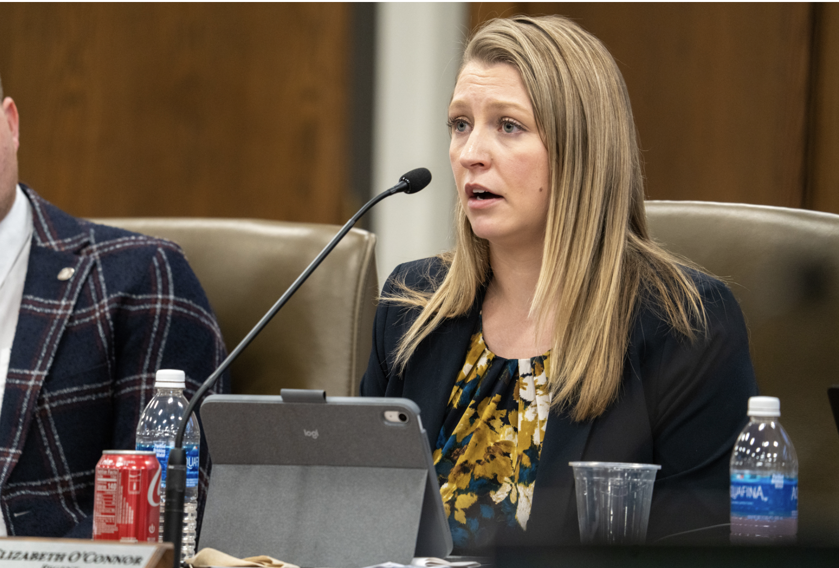 Then-University of Nebraska Regent Elizabeth O’Connor of Omaha speaks in Lincoln at the NU Board of Regents. Dec. 5, 2025. (Zach Wendling/Nebraska Examiner)