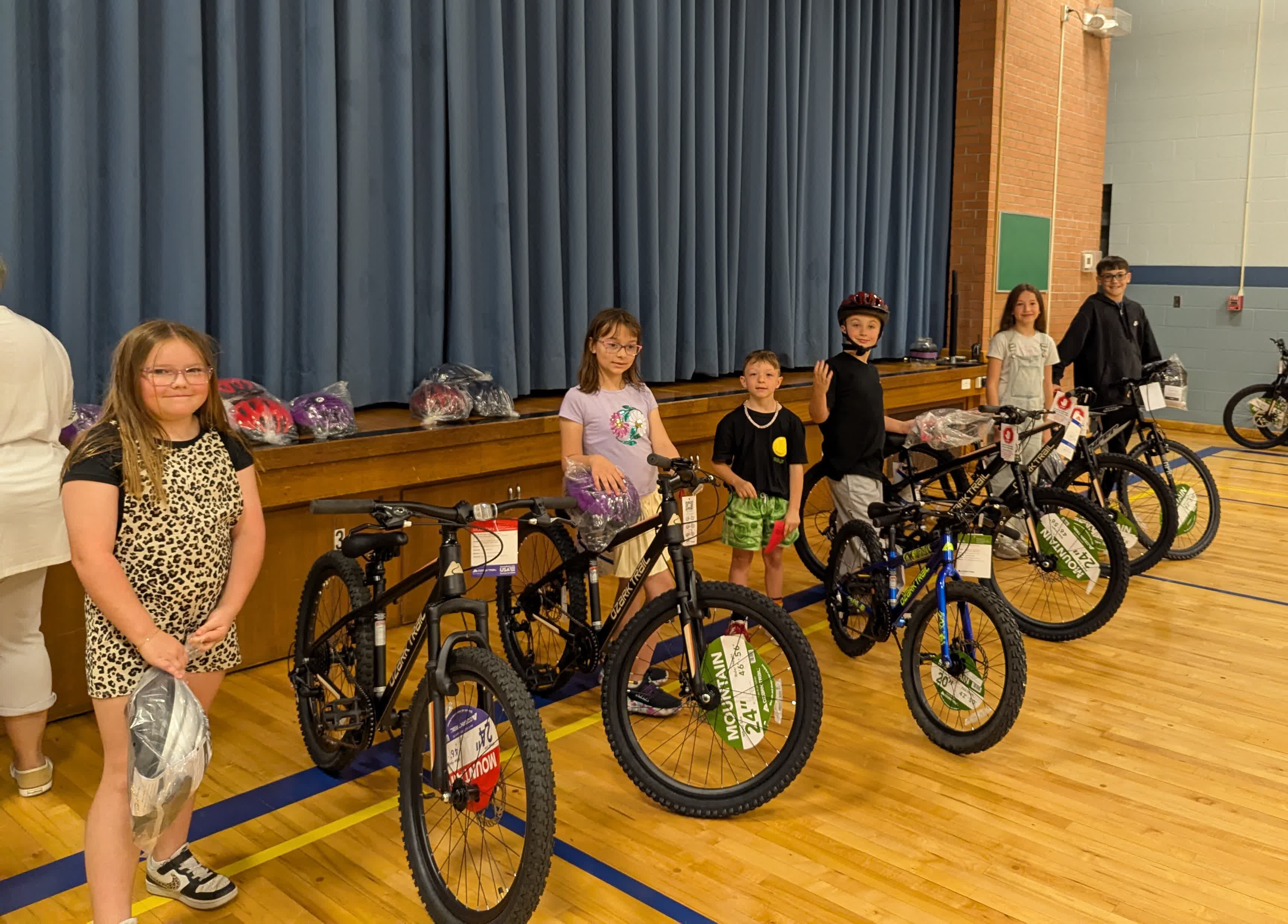 Perfect attendance bike winners from Lincoln Elementary: Ella, 3rd-grade; Makenzie, 5th-grade; Kyler, 2nd-grade; Kamdin, 1st-grade; Olivia, 4th-grade; and Isom, 6th-grade.