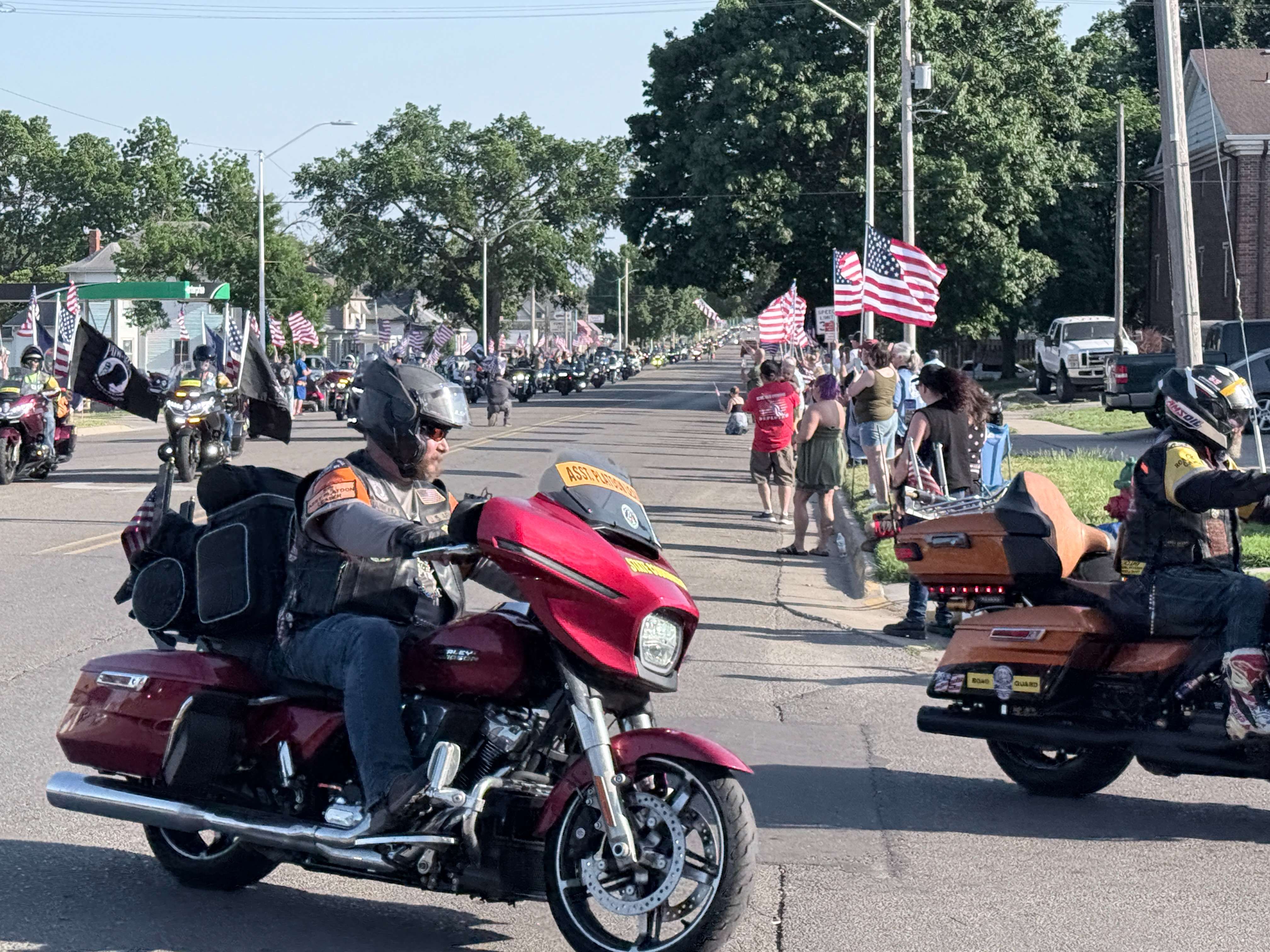 Run for the Wall arrives in Junction City -&nbsp; Dan Hammond on the red bike, Assistant Kansas State Coordinator for RFTW and Junction City native.&nbsp;