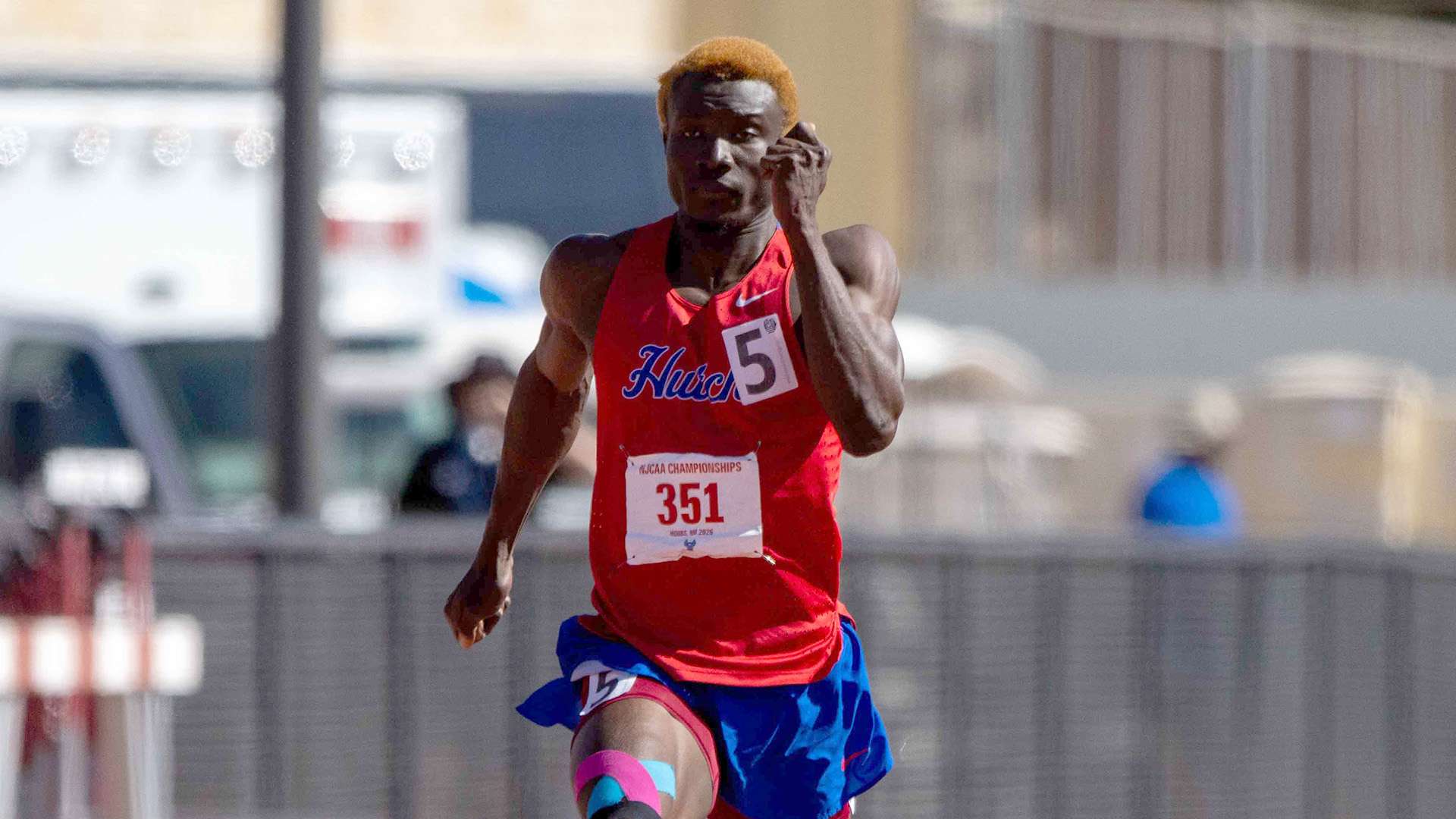 Kebba Makalo places second in the 200 meters and third in the 100 meters to lead the Blue Dragon men on the final day of the NJCAA Division I Track and Field Championships on Saturday in Hobbs, NM. (Sydney Holtrichter/Blue Dragon Sports Information)