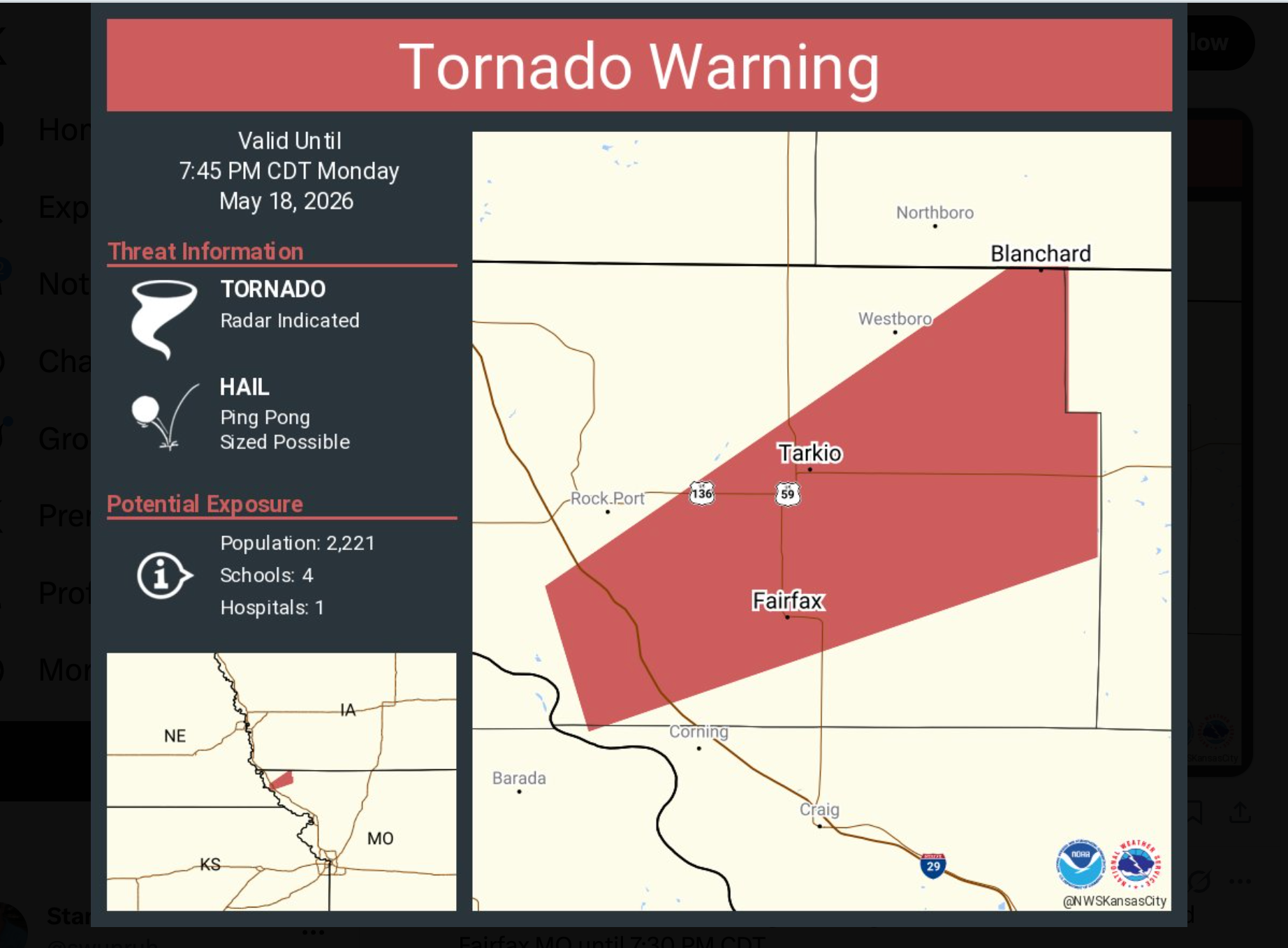 One of the many tornado warnings on Monday night-image NWS Kansas City