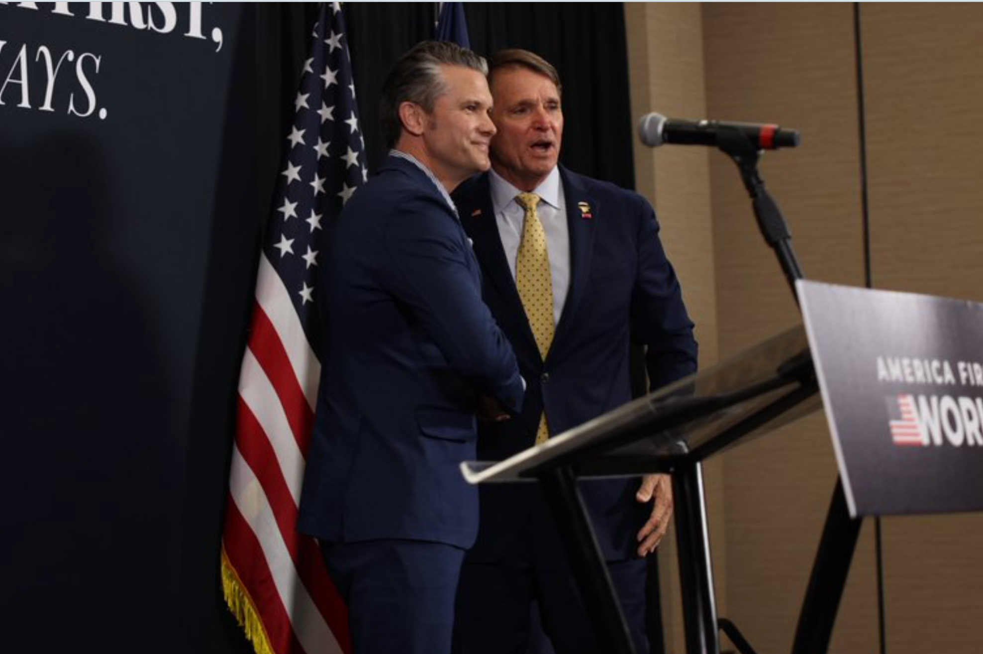-Ed Gallrein, Republican congressional candidate for Kentucky, greets U.S. Secretary of War Pete Hegseth on stage during an America First Workers Special Event on Monday in Hebron, Kentucky Gallrein is running against incumbent Thomas Massie in what has become the most expensive U.S House primary in history.- photo from Gallrein's social media page.