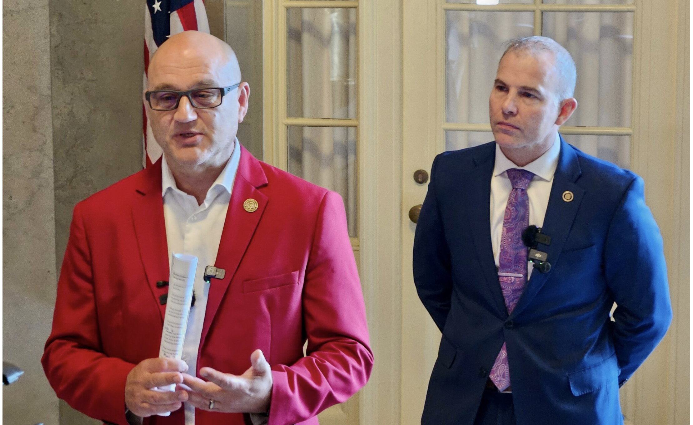  Missouri Secretary of State Denny Hoskins, left, explains how he is implementing a new congressional district map created to favor Republicans. He was joined at the Friday news conference by state Sen. Rick Brattin. (Rudi Keller/Missouri Independent)