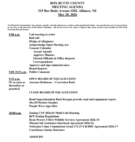 Box Butte County Commissioners Meeting Agenda, May 20, 2026