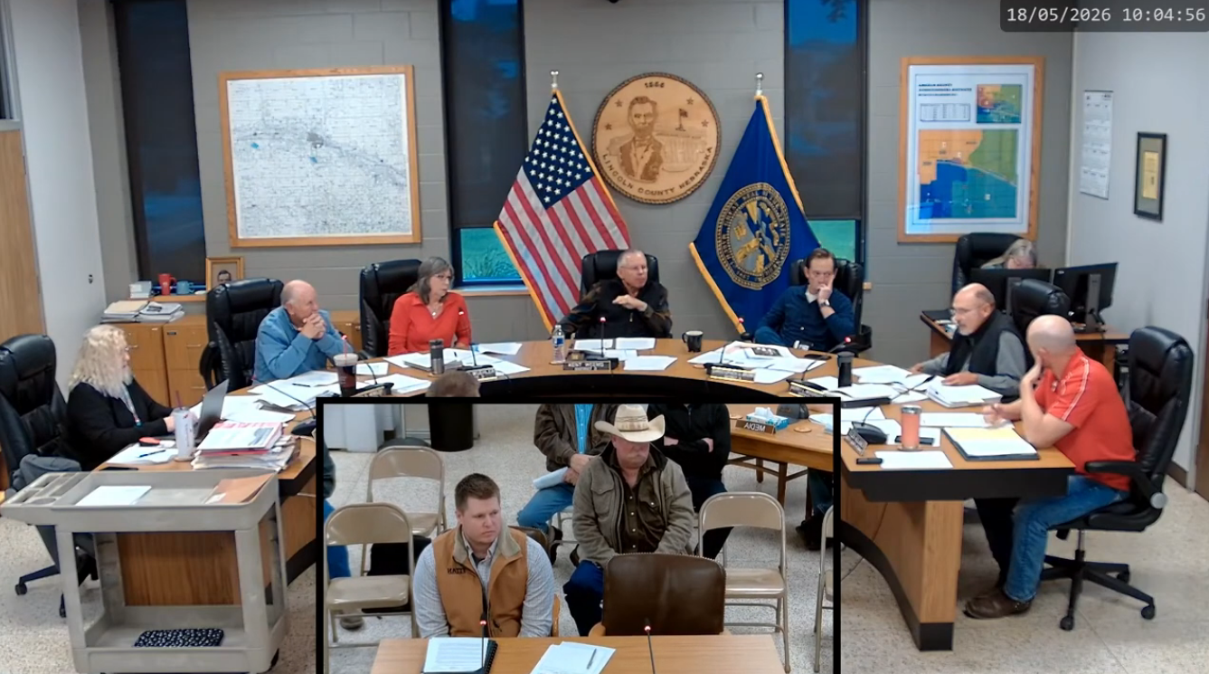 Lincoln County Commissioners discuss conditional use permit applications tied to the NPPD transmission line project during Monday’s meeting at the Lincoln County Courthouse. Concerns raised during the discussion included wildfire prevention, construction activity during red flag conditions and temporary helicopter staging yards for the project.