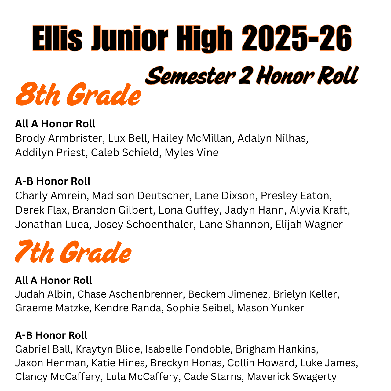 2025-26 EJH Honor Roll, 7th and 8th graders
