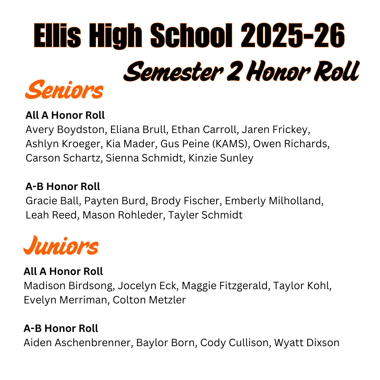 2025-26 EHS Honor Roll, juniors and seniors