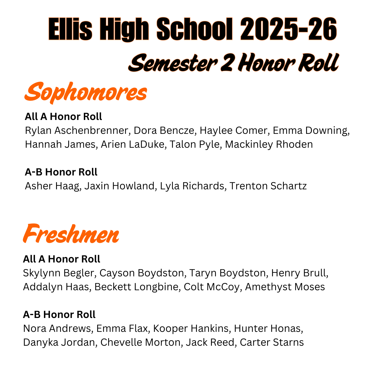 2025-26 EHS Honor Roll, freshman and sophomores