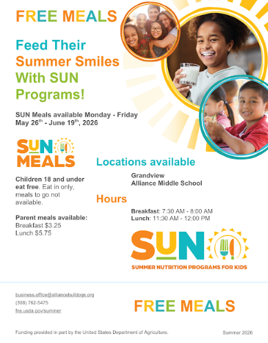 SUN Programs available Monday through Friday May 26 through June 19, 2026 in Grandview and Alliance Middle School