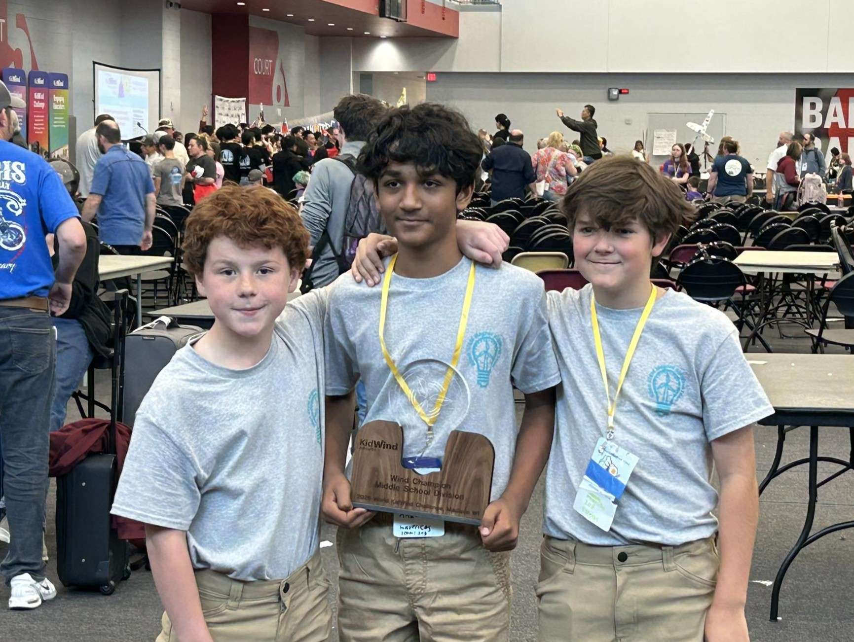 Allen Stem Magnet students David Johnson, Aarav Patel, and Cannon Loepp won their division of the Kid Wind Challenge in Madison, Wisconsin. (Photo courtesy USD 308)