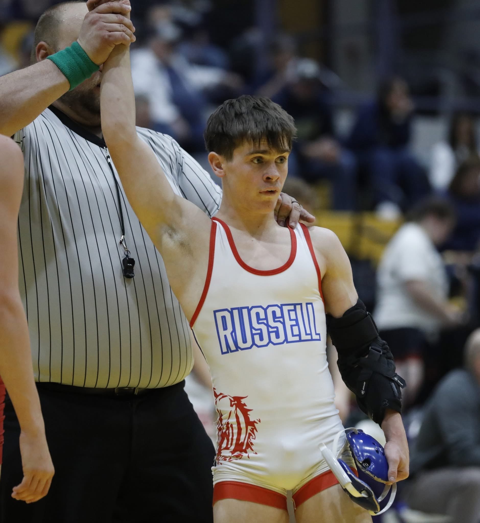 Xzephren Donner getting his hand raised as he wins a wrestling match. Photo submitted<br>