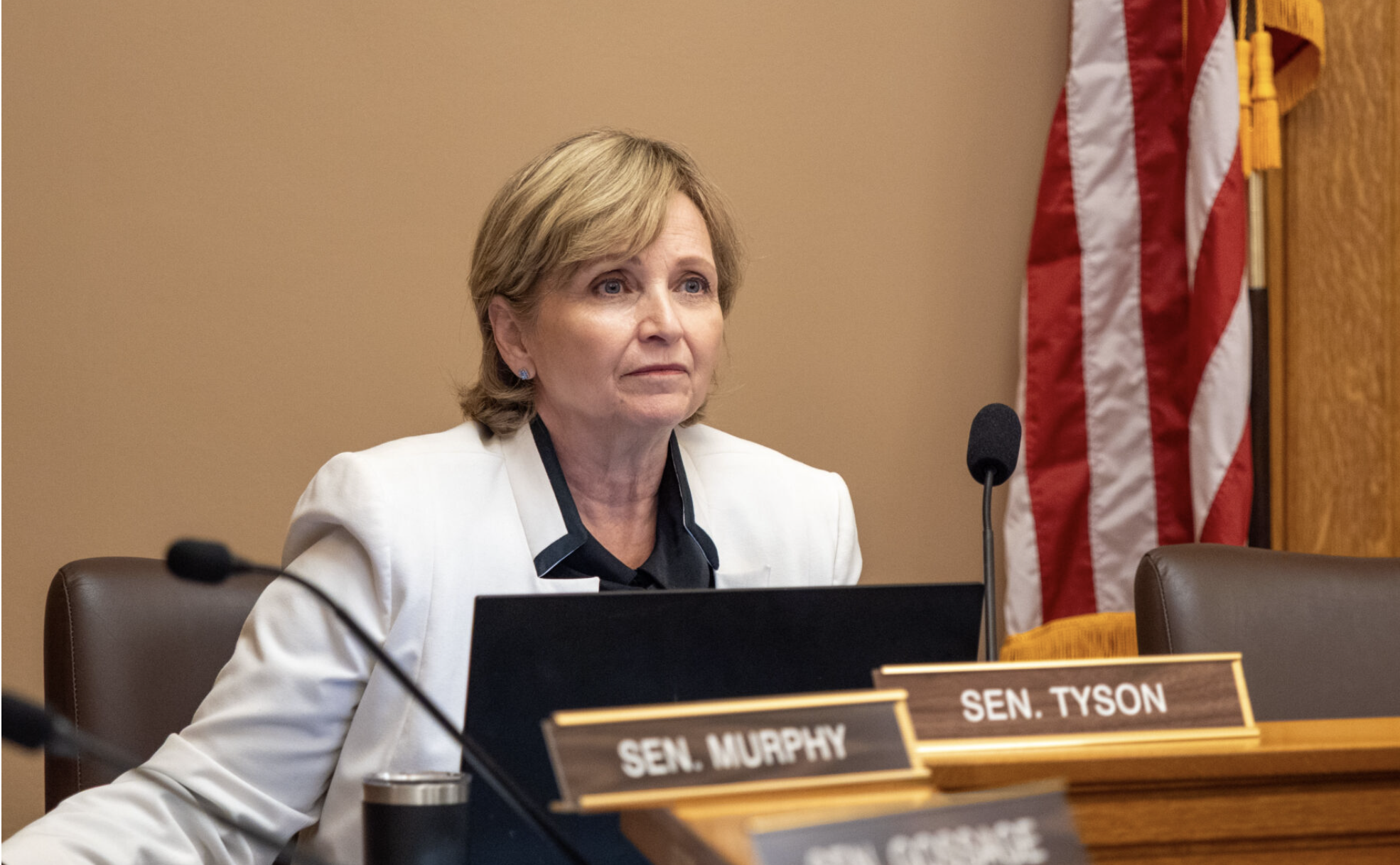  Sen. Caryn Tyson, R-Parker, shown here at a February 2026 committee hearing, questioned why the Kansas Department of Health and Environment didn't recognize earlier in the process of working with a contractor that their work wasn't up to par. The Legislative Post Audit Committee heard about cancellation of a contract with GL Solutions at a May 18, 2026, meeting. (Photo by Sherman Smith/Kansas Reflector)