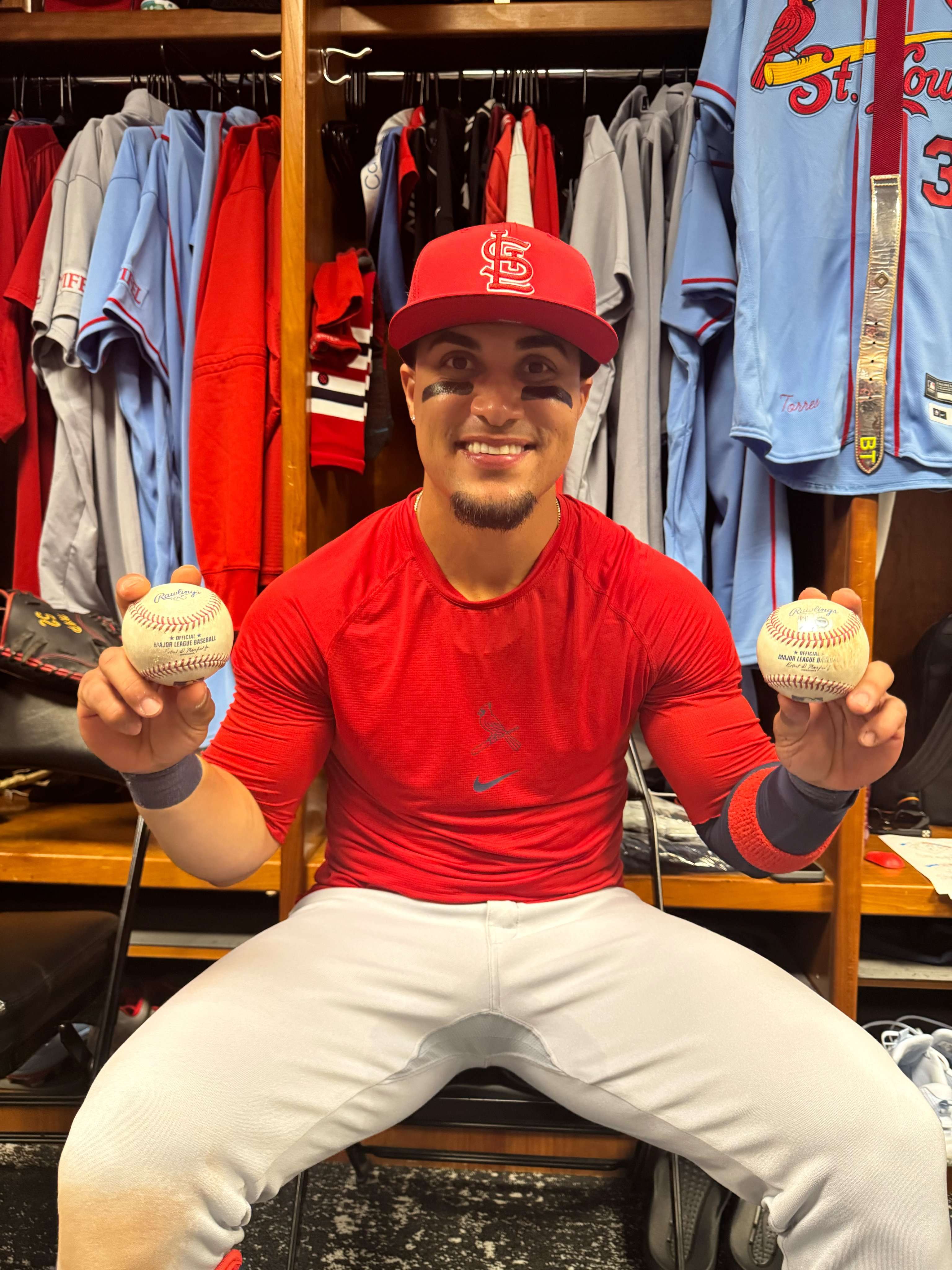 Bryan Torres got his first major league hit, and first major league home run in his major league debut in the first game of a split doubleheader between the St. Louis Cardinals and Cincinnati Reds, which the Cardinals won 8-1/ Photo courtesy of the Cardinals on X