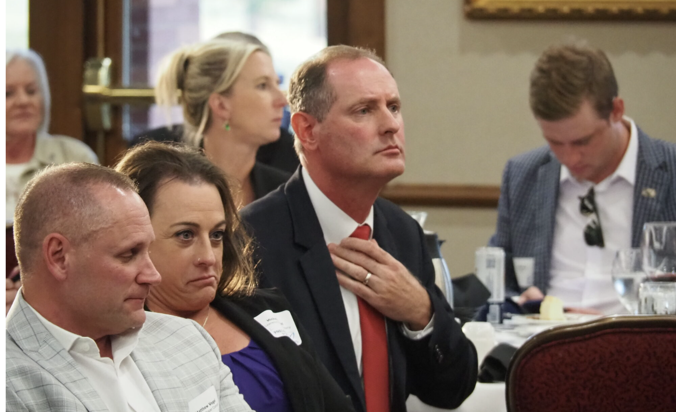  U.S. Rep. Tracey Mann, the 1st District congressman from Kansas, says every American deserves access to quality, affordable healthcare. Mann appears here in September 2024, preparing for a candidate forum. (Photo by Tim Carpenter/Kansas Reflector)