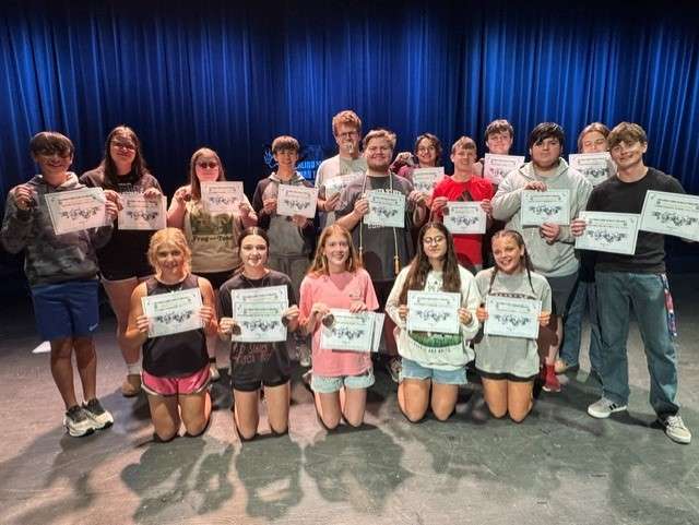 The new Sterling High School Thespian Troupe ended their year with an induction of new members and the year-end awards last week. Pictured are: (Front row left to right): Annabelle DeWitt, Natalie Williams, Kate McGlynn, Danika Zimmerman, Macie Gillespie, Back row: Lathem Kizzar, Chloe Garrett, Emma Lockhart, Easton, Zimmerman, Cooper Pieplow Chris Childs, Daniel Bates, William Wilson, Shepherd Levy, Easton Slocum, Issac Dyson, and James McGlynn. (Photo courtesy Sterling High School)