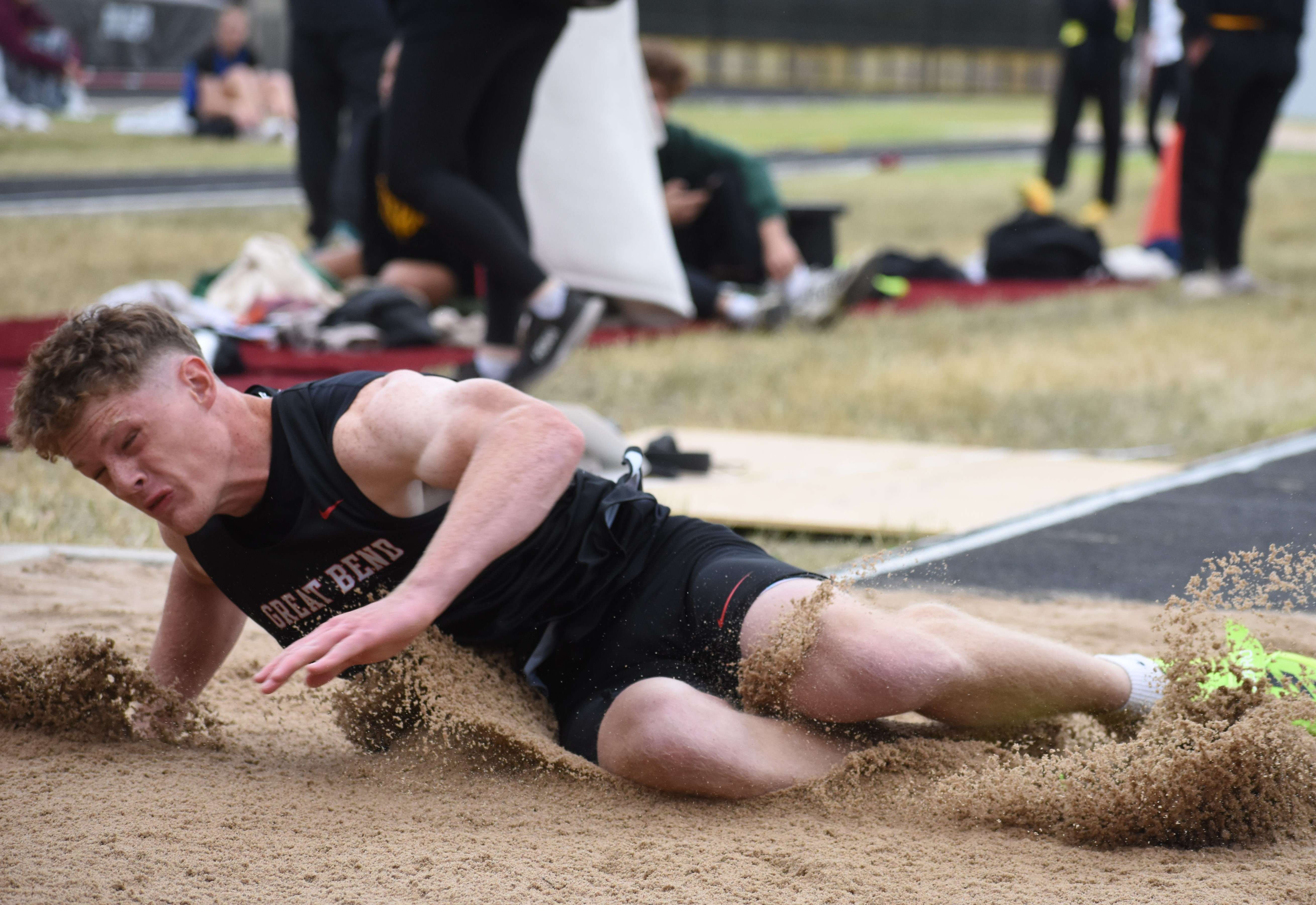 Great Bend High School junior Cooper Ohnmacht won a Class 5A regional titles in the triple jump and javelin Thursday at Hays. He qualified for state in the long jump and high jump. (photo by Mike Courson)