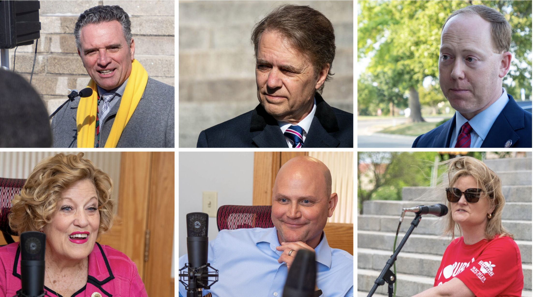 Kansas gubernatorial candidates (left to right, upper row first) Republican Senate President Ty Masterson, former GOP Gov. Jeff Colyer, Democratic Sen. Ethan Corson, GOP Insurance Commissioner Vicki Schmidt, GOP Secretary of State Scott Schwab and Democratic Sen. Cindy Holscher are running videos or commercials indicative of the type of campaigns they're running in 2026. (Photos by Sherman Smith/Kansas Reflector)