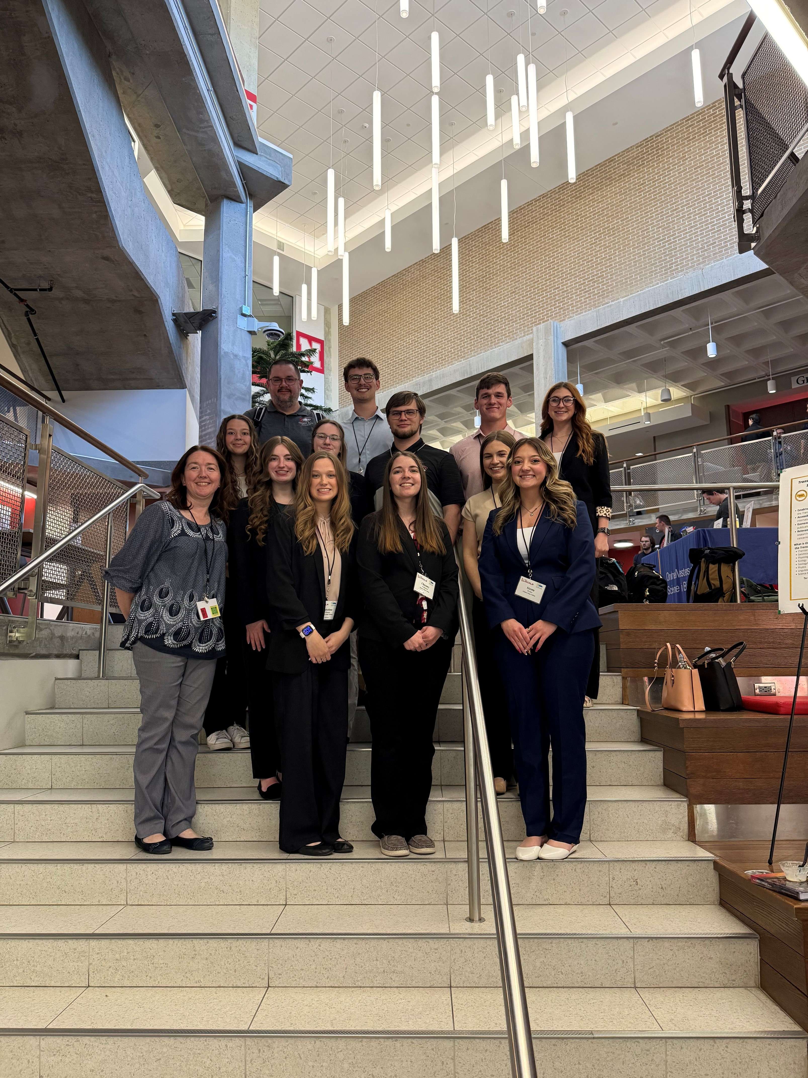 Chadron State College faculty and students at the Nebraska Academy of Science meeting in Lincoln, Neb., April 24, 2026. Front row, from left, Dr. Mary Keithly, Christina Lillenas, Chesney Anderson, and Sierra Hicks. Second row, from left, Paige Pritchard, and Ashleigh Ohrt. Third row, from left, Piper Ryschon, Dylan Thom, Dawson Ohrt, and Taya Berry. Fourth row, from left, Clint Evrard and Carson Glassbrenner. Several students not pictured. (Courtesy photo, used with permission)