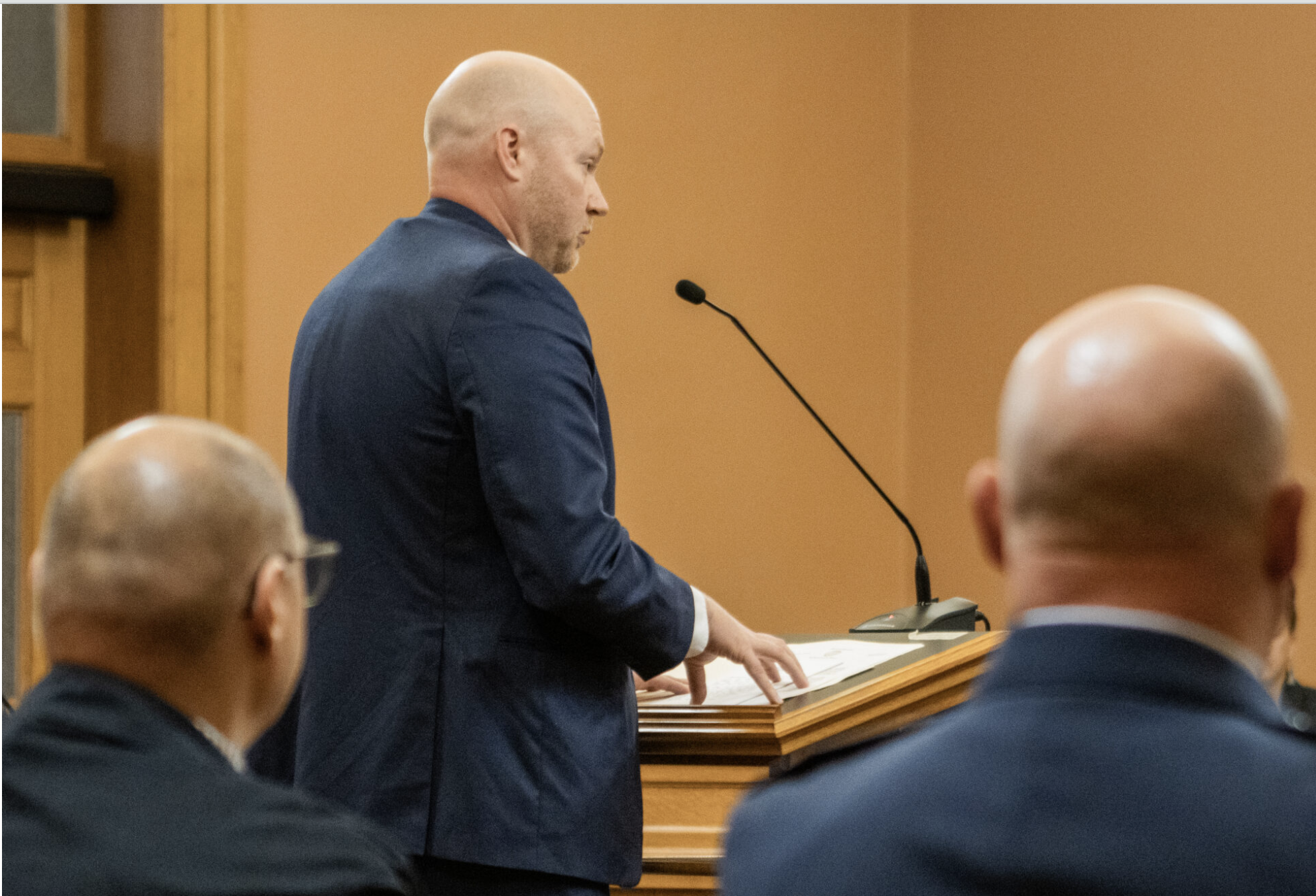 Will Lawrence, Gov. Laura Kelly’s chief of staff, speaks to the Legislative Coordinating Council about extending an emergency declaration related to hantavirus during a May 26, 2026, meeting. (Photo by Baya Burgess/Kansas Reflector)