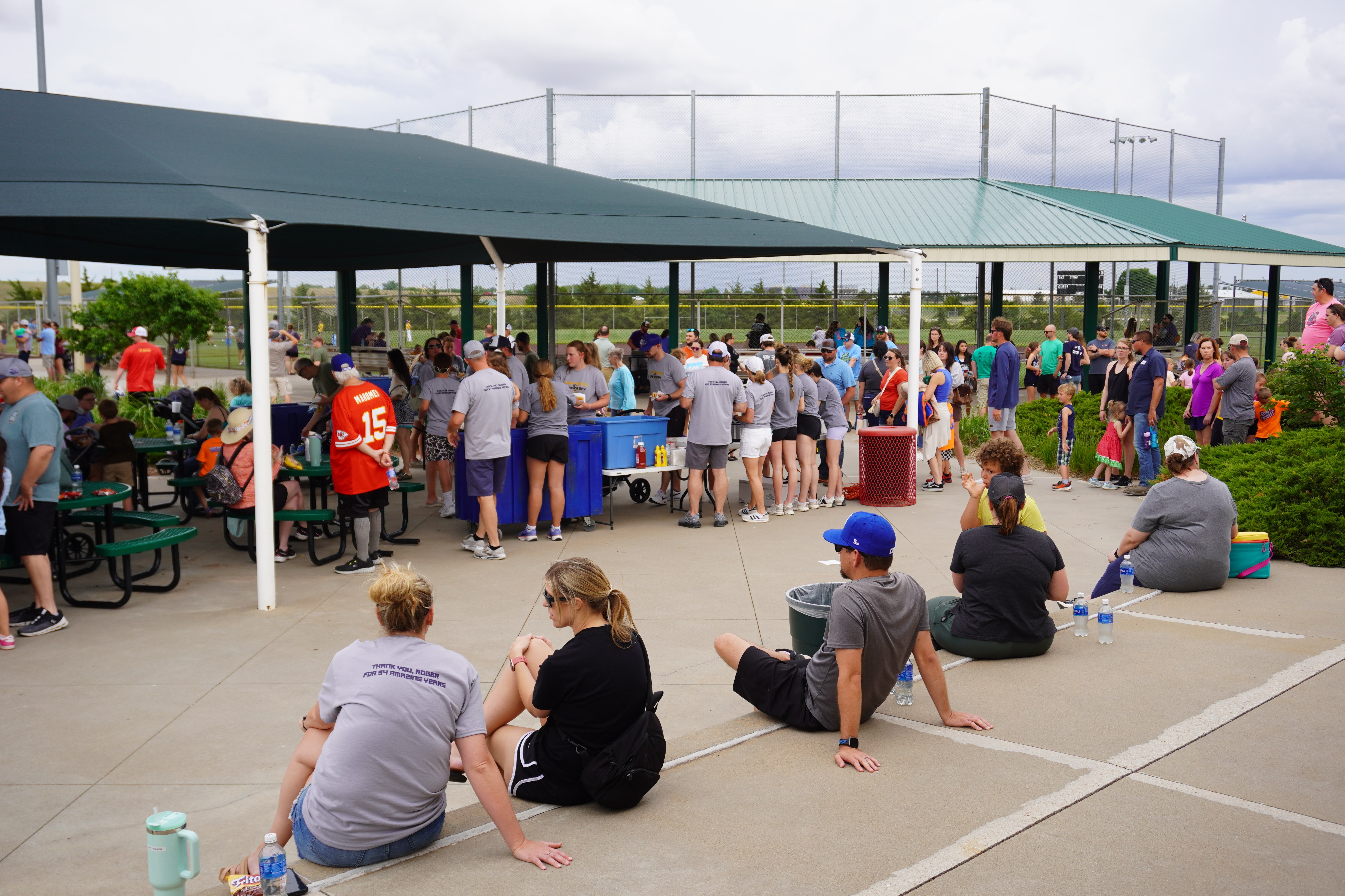 Families line up for hot dogs at Hays Rec Opening Day. Photo courtesy of Colton Potts/Hays Recreation Center. 