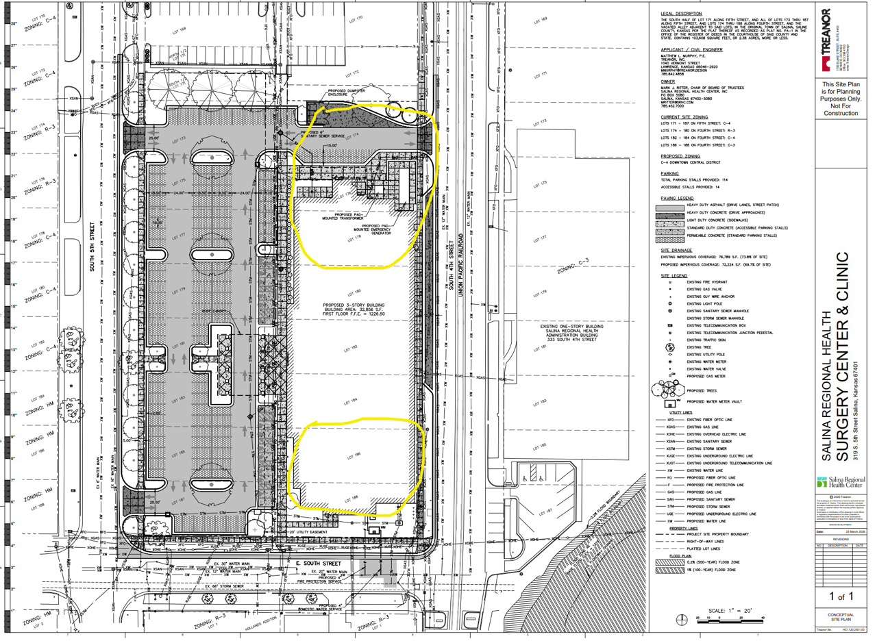 Highlighted are the requested rezoning lots 174, 176, 178 (top highlighted circle) and 186, 188 (bottom highlighted circle) for the surgery center and medical clinic - Screenshot from City of Salina Commission June 1, 2026 meeting