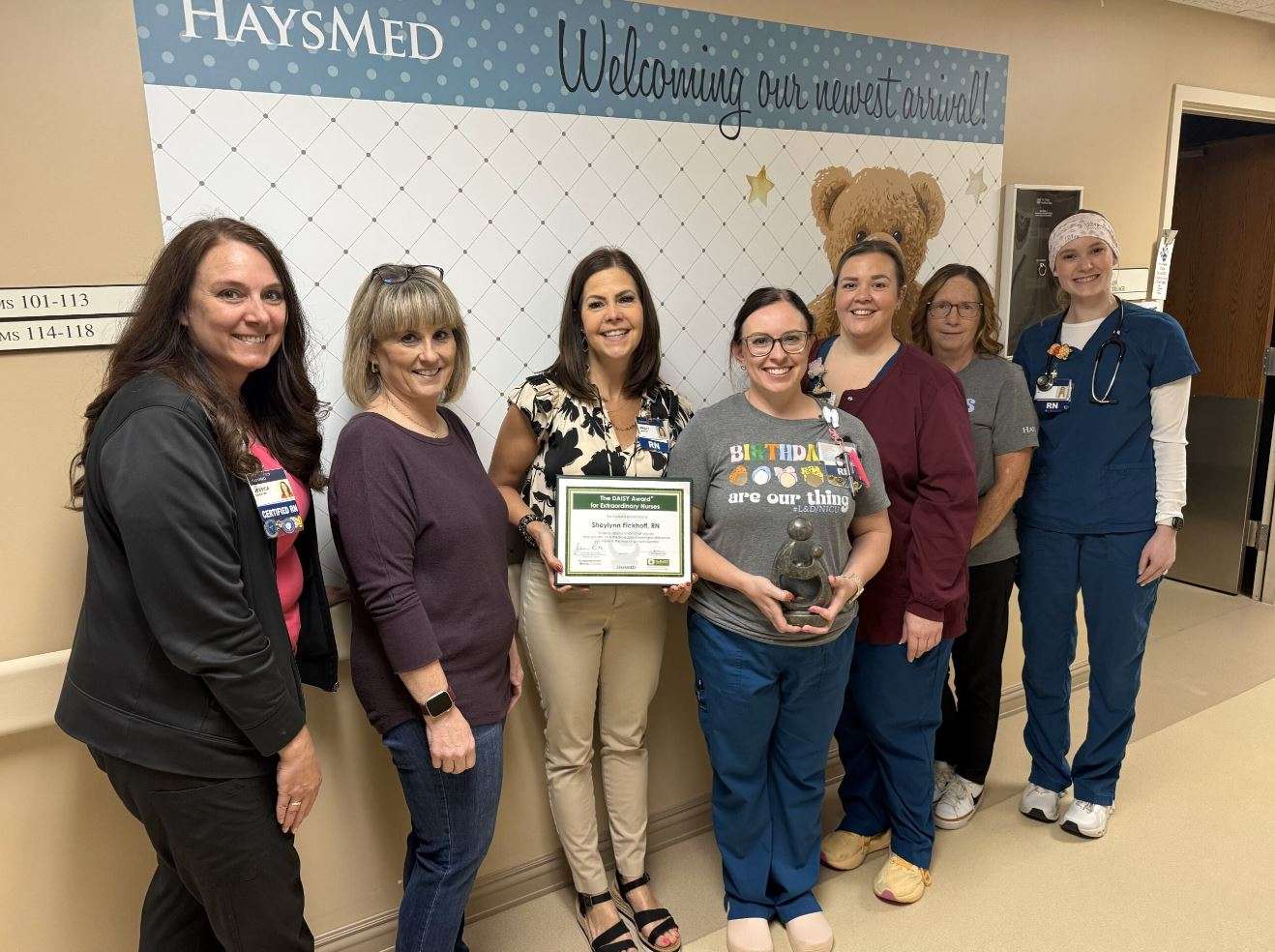 &nbsp;From left to right: Jessica Seib OB/NICU/Peds Staff Development Coordinator and Lactation Consultant, Dyane Manhart, RN, Kristy Schlaefli, Director of Acute Care and Obstetrics, Sheylynn Eickhoff, DAISY Award Winner, Abby Morris, RN, Susan Little, RN, and Claire Preisser, RN. Courtesy photo
